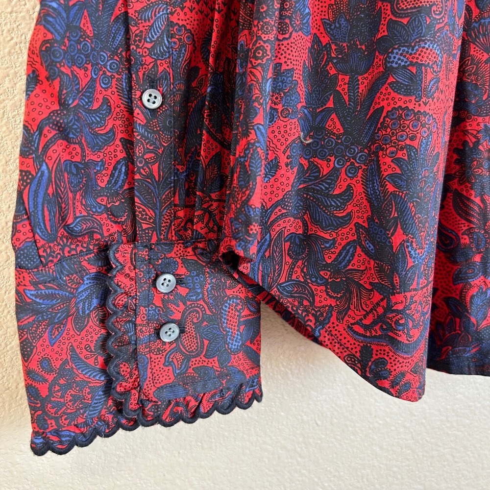 J.Crew Collection Size 16 Shirt Slim Ruffle Scallop Paisley Cotton Red Navy Boho - Picture 9 of 10